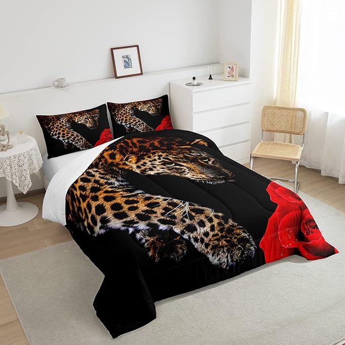 Erosebridal Leopard Comforter Set Twin Size,Red Rose Cheetah Bedding Set,Cat Leopard Print Down Comforter, Romantic Floral Quilted Duvet, Safari Animal Quilt Set, Stylish Bedroom Decor, Black - LeafyLoom