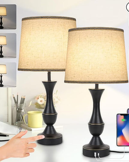 Touch Lamps for Bedrooms Set of 2, Farmhouse Table Lamp with USB C Charging Port, 3 Way Dimmable Nightstand Lamps with Linen Fabric Lampshade for Bedroom, Living Room (Pack2-Black) - LeafyLoom