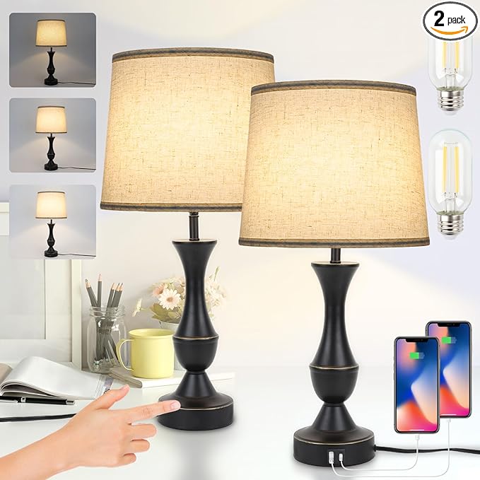 Touch Lamps for Bedrooms Set of 2, Farmhouse Table Lamp with USB C Charging Port, 3 Way Dimmable Nightstand Lamps with Linen Fabric Lampshade for Bedroom, Living Room (Pack2-Black) - LeafyLoom