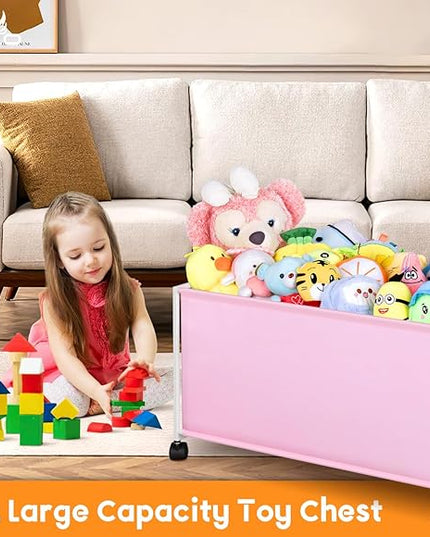 MISSLO Large Kids Toy Box for Girls with Wheels Toy Chest for Toddlers Toy Storage Organizer Big Toy Bin, 124L, Pink - LeafyLoom