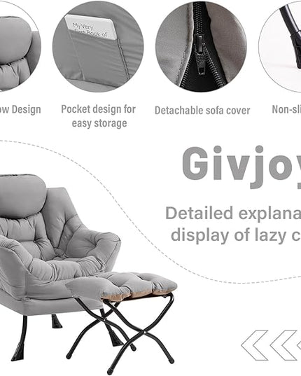 Cozy Lazy Chair and Ottoman, Large Contemporary Accent Lounge Chair Set, Leisure Upholstered Reading Armchair for Bedroom, Living Room, Dorm Rooms, Office - LeafyLoom