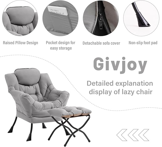 Cozy Lazy Chair and Ottoman, Large Contemporary Accent Lounge Chair Set, Leisure Upholstered Reading Armchair for Bedroom, Living Room, Dorm Rooms, Office - LeafyLoom