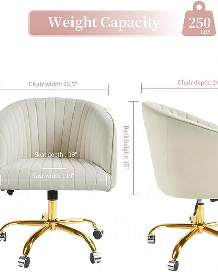 Velvet Office Desk Chair, Modern Home Office Chair with Swivel Gold Base, Comfy Vanity Desk Chair with Upholstered Back, Height Adjustable Computer Desk Chair for Home Office Bedroom Study, Ivory - LeafyLoom