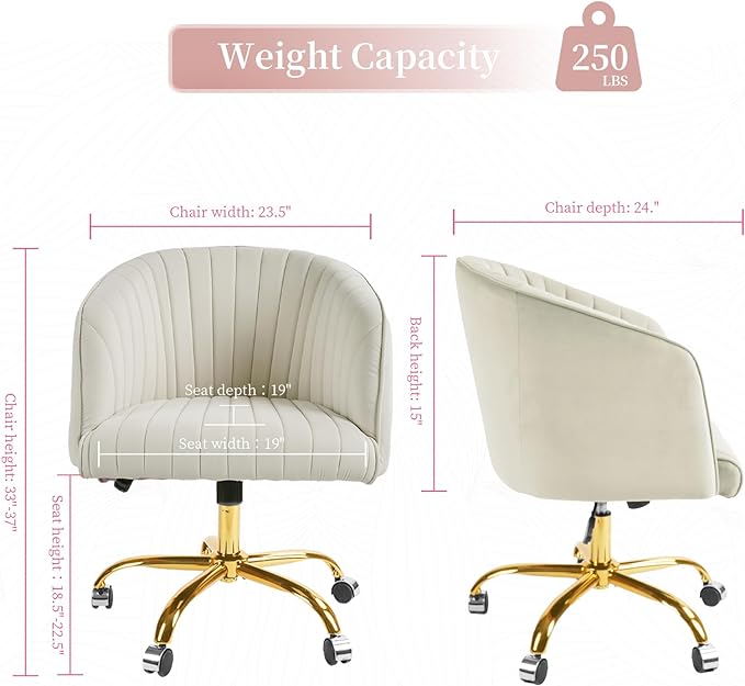 Velvet Office Desk Chair, Modern Home Office Chair with Swivel Gold Base, Comfy Vanity Desk Chair with Upholstered Back, Height Adjustable Computer Desk Chair for Home Office Bedroom Study, Ivory - LeafyLoom