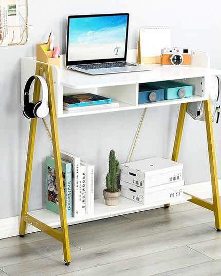 TEAMIX Small White Desk with Drawer and Shelf, Wood Computer Desk for Laptop PC, Gaming Desk with Hooks Vanity Makeup Desk for Girls Home Office Desk - LeafyLoom