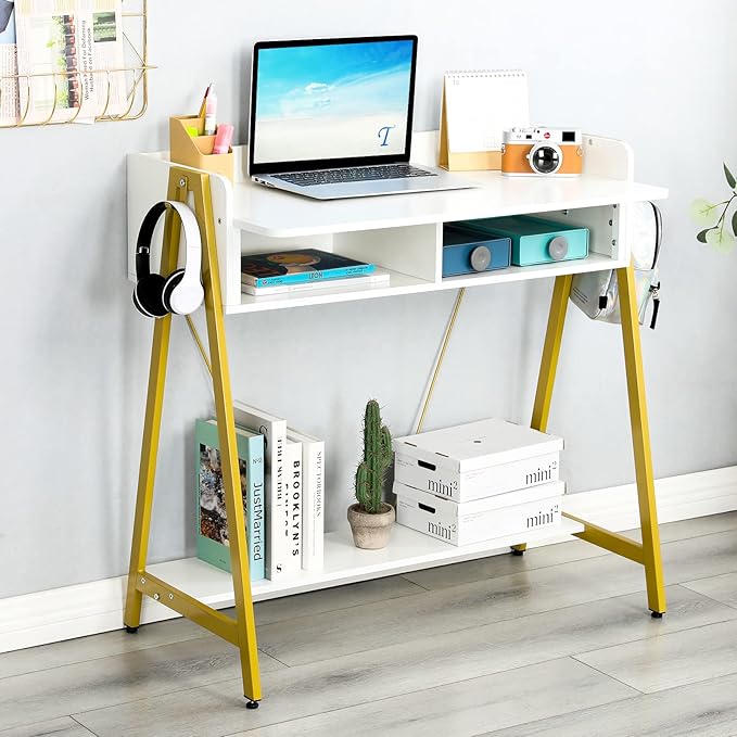 TEAMIX Small White Desk with Drawer and Shelf, Wood Computer Desk for Laptop PC, Gaming Desk with Hooks Vanity Makeup Desk for Girls Home Office Desk - LeafyLoom