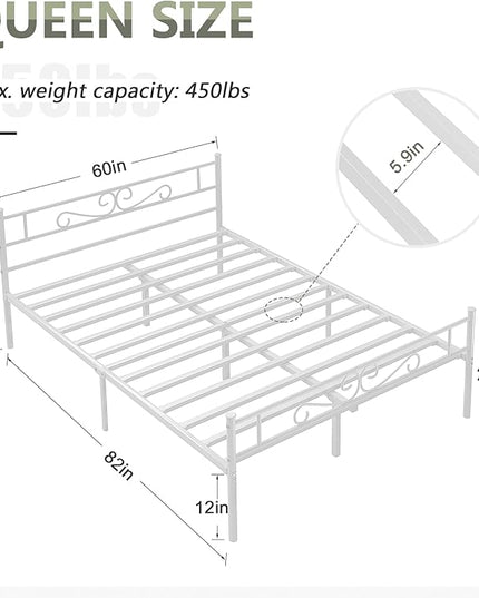 VECELO Queen Size Bed Frame with Headboard, 14 Inch Metal Platform Mattress Foundation, No Box Spring Needed, Squeak Resistant, Easy Assembly, White - LeafyLoom