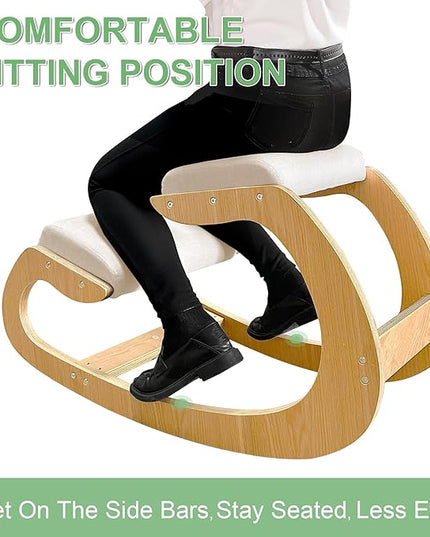 Predawn Ergonomic Kneeling Chair,Rocking Knee Chair Upright Posture Chair for Home Office Meditation Wooden & Linen Cushion-Office Chair for Back Neck Pain Relief & Improving Posture (White Oak) - LeafyLoom