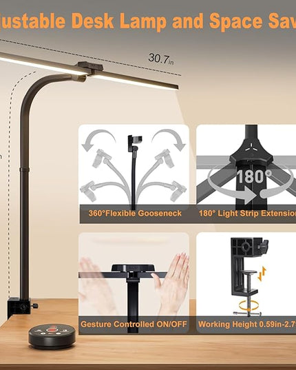LED Desk Lamp for Office Home, Eye Caring Architect Desk Light with Clamp & Remote Control, Double Head 24W Bright Gooseneck Table Lamp for Dual Screen Computer Monitor Office Lighting Reading Study - LeafyLoom