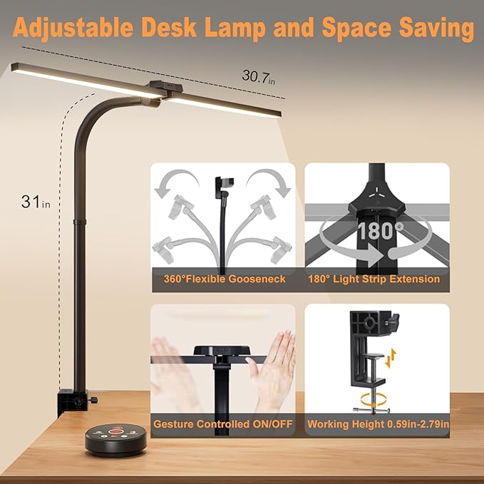 LED Desk Lamp for Office Home, Eye Caring Architect Desk Light with Clamp & Remote Control, Double Head 24W Bright Gooseneck Table Lamp for Dual Screen Computer Monitor Office Lighting Reading Study - LeafyLoom