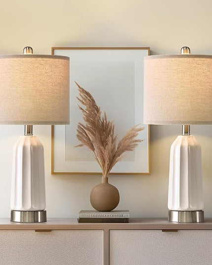 20.25" - Modern Ceramic Bedside Lamp with USB C+A Charging Ports, Table Lamp for Living Room, Bedroom, Nightstand Lamp, Farmhouse Table Lamp (White)-Single - LeafyLoom