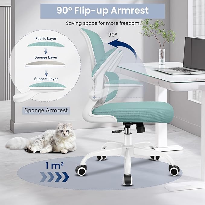 Office Chair, Ergonomic Desk Chair with Lumbar Support and Adjustable Armrests, Comfy Desk Chair Breathable Mesh Mid Back Computer Chair, Reclining Office Chair for Home Office - Mint Green - LeafyLoom
