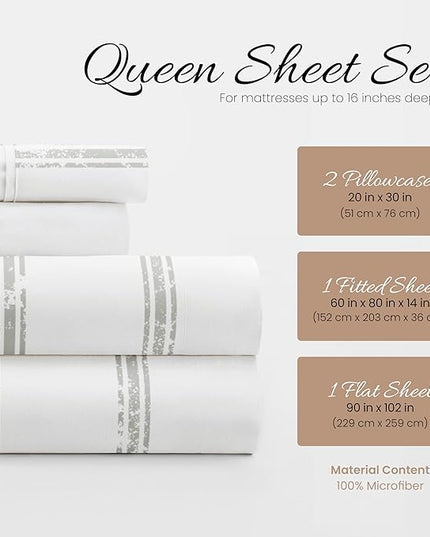 Linen Market 4 Piece Queen Bedding Sheet Set (Light Gray Lines) - Sleep Better Than Ever with These Ultra-Soft & Cooling Bed Sheets for Your Queen Size Bed - Deep Pocket Fits 16" Mattress - LeafyLoom