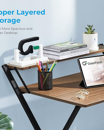GreenForest Folding Desk No Assembly Required Small Size, 2-Tier Foldable Computer Desk with Shelf for Home Office, Space Saving Portable Laptop Study Foldable Table for Small Spaces, Espresso - LeafyLoom