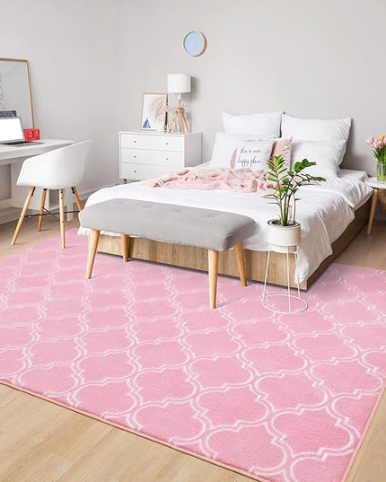 Chicrug Shag Geometric Modern Area Rug for Living Room, 7x10 Feet Large Memory Foam Indoor Carpet, Fluffy Rug for Bedroom Bedside Room Decor for Family Girls Kids Nursery, Pink/White - LeafyLoom