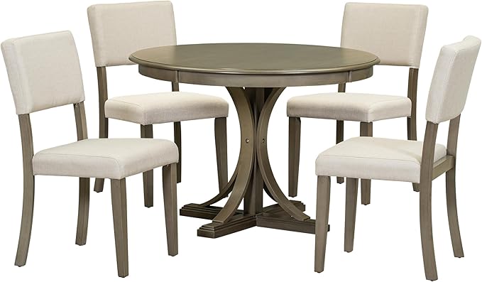 5-Piece Retro Round Dinette Sets Kitchen Dining Table with Curved Trestle Style Legs, 4 Upholstered Chairs, for Diningroom Living Room, Easy to Assemble, Taupe - LeafyLoom