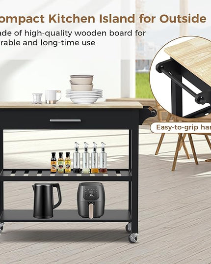 45" Kitchen Island Cart, 3 Tier Kitchen Island on Wheels with Storage Drawer, 2 Shelves & Towel Rack, Rolling Kitchen Island with Wood Top, Simple Design Island Table for Kitchen, Dark Black - LeafyLoom