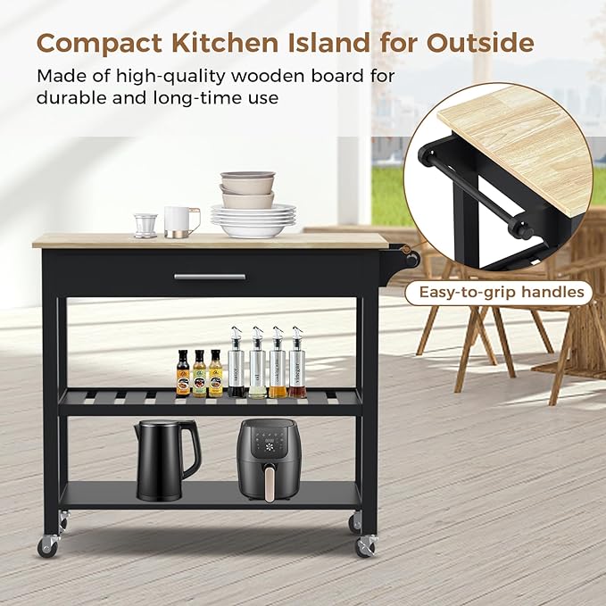 45" Kitchen Island Cart, 3 Tier Kitchen Island on Wheels with Storage Drawer, 2 Shelves & Towel Rack, Rolling Kitchen Island with Wood Top, Simple Design Island Table for Kitchen, Dark Black - LeafyLoom