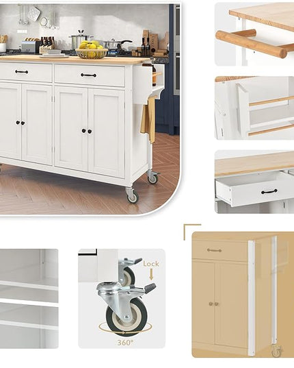 Solid Wood Top, Mobile Carts with Storage Cabinet, Rolling Kitchen Table w/Spice, Towel Rack, and Drawer, Portable Islands on Wheels, White, 54.33 Inch - LeafyLoom