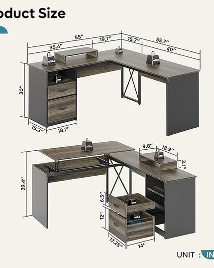 Bestier Lift Top L Shaped Desk with File Drawer, 55'' x 55'' Office Desk with Reversible Storage Drawers, L Shaped Standing Desk with Computer Monitor Stand (Retro Grey Oak Dark, 55'' x 55'') - LeafyLoom