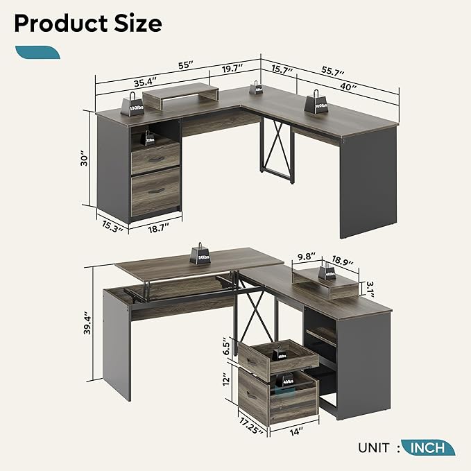 Bestier Lift Top L Shaped Desk with File Drawer, 55'' x 55'' Office Desk with Reversible Storage Drawers, L Shaped Standing Desk with Computer Monitor Stand (Retro Grey Oak Dark, 55'' x 55'') - LeafyLoom