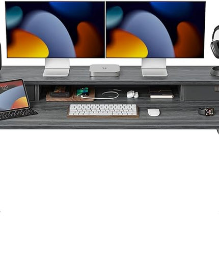 FEZIBO 55 x 24 Inch Height Adjustable Electric Standing Desk with Double Drawer, Stand Up Desk with Storage Shelf, Sit Stand Desk, Grey - LeafyLoom
