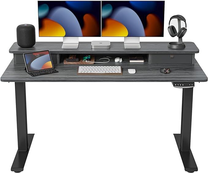 FEZIBO 55 x 24 Inch Height Adjustable Electric Standing Desk with Double Drawer, Stand Up Desk with Storage Shelf, Sit Stand Desk, Grey - LeafyLoom
