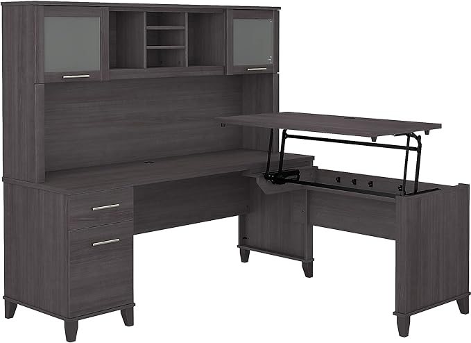 Bush SET015SG Somerset 35-Inch -41-Inch Adjustable Desk with Hutch, Storm Gray - LeafyLoom