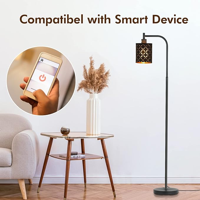 Floor Lamp for Bedroom, LED Floor Lamps for Living Room with 6W LED Bulb, Foot Switch, Farmhouse Modern Standing Lamps for Bedroom with Decorative Cutout Lampshade, Arc Vintage Stand up Light, Black - LeafyLoom