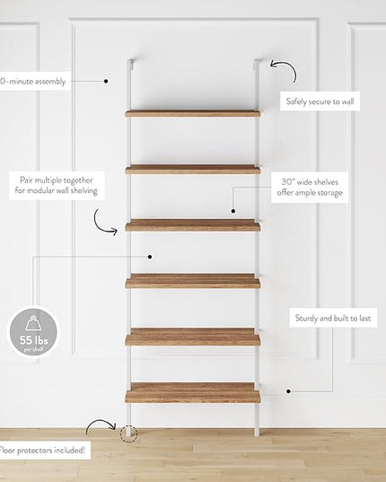 Nathan James Theo 6-Shelf Tall Bookcase, Wall Mount Bookshelf with Natural Wood Finish and Industrial Metal Frame, Rustic Oak/White - LeafyLoom
