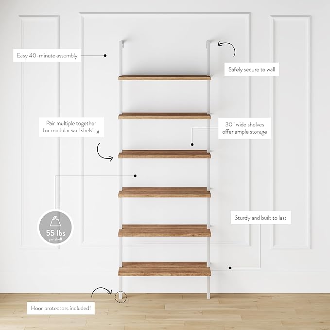 Nathan James Theo 6-Shelf Tall Bookcase, Wall Mount Bookshelf with Natural Wood Finish and Industrial Metal Frame, Rustic Oak/White - LeafyLoom