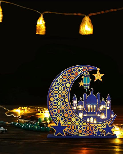 Capoda Eid Craft Night Light Ramadan Mubarak Table Decor 3D Wooden Moon Star LED Light Decor, Mosque Lamp Eid al-Fitr Ornament Gift for Muslim Ramadan Islamic Wall Decor Table Centerpiece(Blue) - LeafyLoom