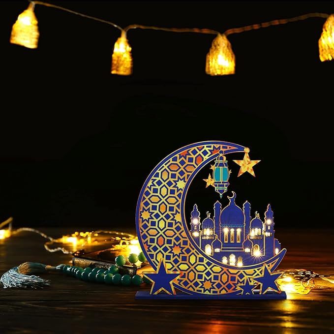 Capoda Eid Craft Night Light Ramadan Mubarak Table Decor 3D Wooden Moon Star LED Light Decor, Mosque Lamp Eid al-Fitr Ornament Gift for Muslim Ramadan Islamic Wall Decor Table Centerpiece(Blue) - LeafyLoom