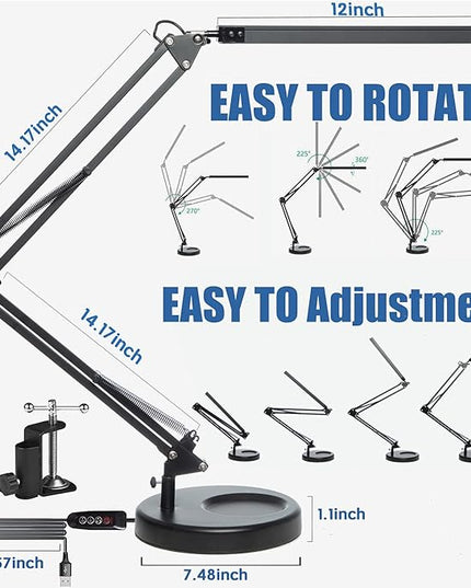 LED Desk Lamp with Clamp and Round Base, Swing Arm Eye Caring Table Lamp, 3 Color Modes 10 Brightness Levels, Memory Function Lamp with USB Adapter, Desk Light for Home Office 14W Black - LeafyLoom