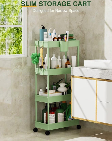 LEHOM Slim Rolling Storage Cart - 4 Tiers Bathroom Organizer Utility Cart Slide Out Storage Shelves Mobile Shelving Unit for Kitchen, Bedroom, Office, Laundry Room, Small Narrow Spaces, Green - LeafyLoom