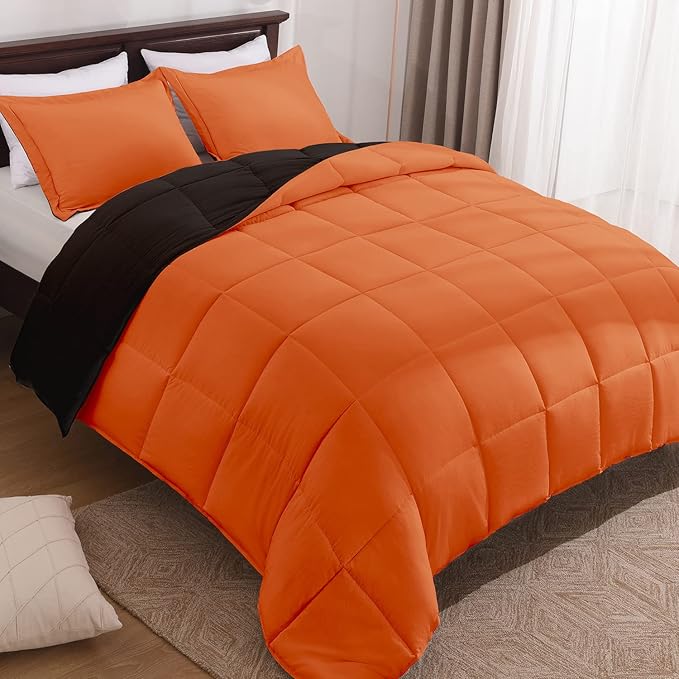 Basic Beyond Queen Comforter Set - Fluffy Comforter Queen Set for All Seasons - Reversible Orange Comforter Set Queen for Mens - 3 Pieces (1 Comforter + 2 Pillow Shams) - Orange/Black - LeafyLoom