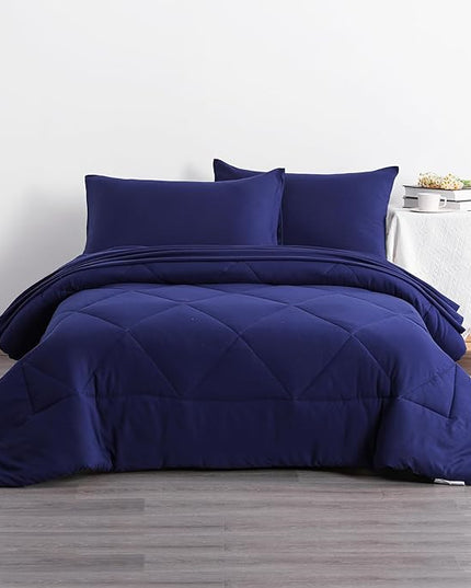 NTBAY Twin Comforter Set with Sheets, 5 Pieces Soft and Breathable Twin Bedding Set, Twin Bed in a Bag, Down Alternative Comforter Set Solid Color All Season, Kids Bedding Set, Navy Blue - LeafyLoom