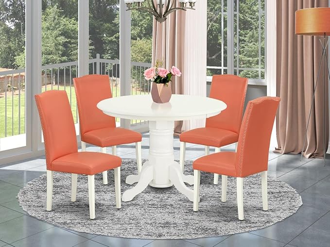 East West Furniture SHEN5-LWH-78 5 Piece Room Furniture Set Includes a Round Kitchen Table with Pedestal and 4 Pink Flamingo Faux Leather Parson Dining Chairs, 42x42 Inch - LeafyLoom