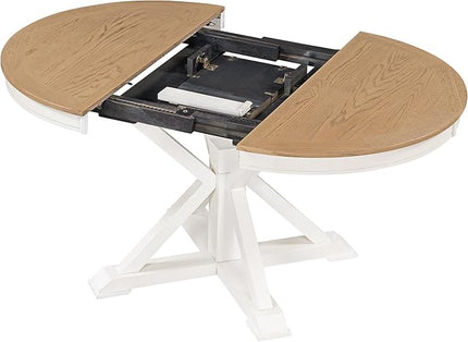 NicBex Dining Table Contemporary Kitchen Table Farmhouse Rustic Retro Functional Extendable Dining Table with a 12" Leaf for Dining Room and Living Room Round Dining Table, Oak Natural Wood+Off White - LeafyLoom