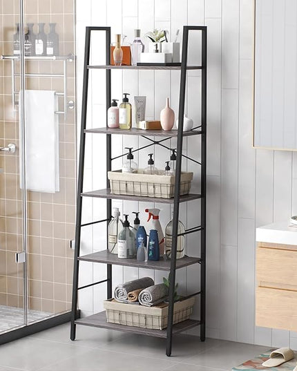 Yusong Bookshelf, Ladder Shelf 5-Tier Bookcase for Bedroom, Industrial Book Shelves Storage Rack with Metal Frame for Home Office, Gray - LeafyLoom