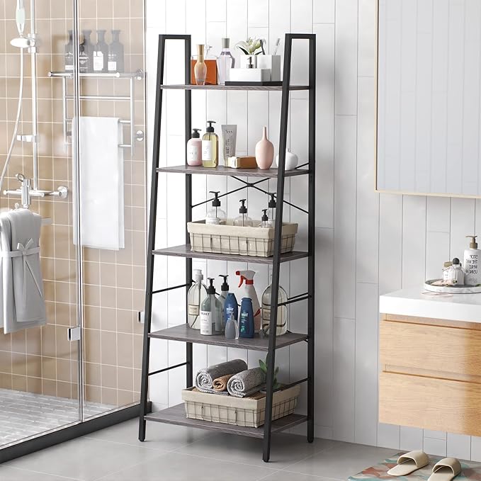 Yusong Bookshelf, Ladder Shelf 5-Tier Bookcase for Bedroom, Industrial Book Shelves Storage Rack with Metal Frame for Home Office, Gray - LeafyLoom