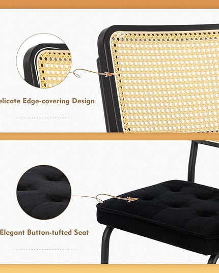COLAMY Mid Century Modern Dining Chairs Set of 2, Velvet Rattan Dining Room Kitchen Side Chairs with Upholstered Seat and Metal Chrome Legs for Home, Living Room, Bedroom - Black - LeafyLoom