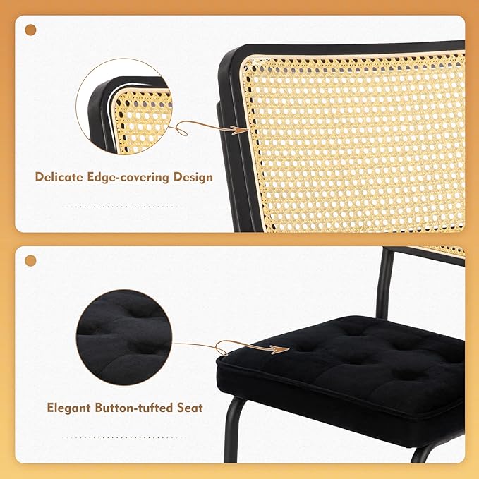 COLAMY Mid Century Modern Dining Chairs Set of 2, Velvet Rattan Dining Room Kitchen Side Chairs with Upholstered Seat and Metal Chrome Legs for Home, Living Room, Bedroom - Black - LeafyLoom