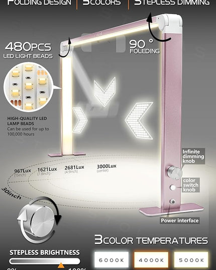 LED Desk Lamp 36W, 4000-6000K Dimmable Table Lamp, 3 Lighting Modes, Square Desk Light for Study, Model Building, Painting, crafting-Pink - LeafyLoom