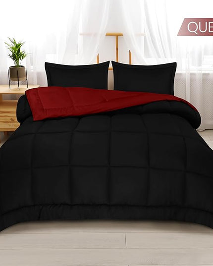 Utopia Bedding Queen Size Comforter Set with 2 Pillow Shams, Bedding Comforter Sets, Down Alternative Reversible Black/Red Comforter, Soft and Comfortable, Machine Washable - LeafyLoom