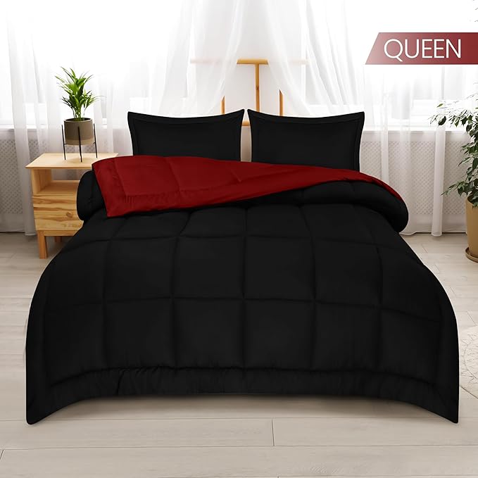 Utopia Bedding Queen Size Comforter Set with 2 Pillow Shams, Bedding Comforter Sets, Down Alternative Reversible Black/Red Comforter, Soft and Comfortable, Machine Washable - LeafyLoom