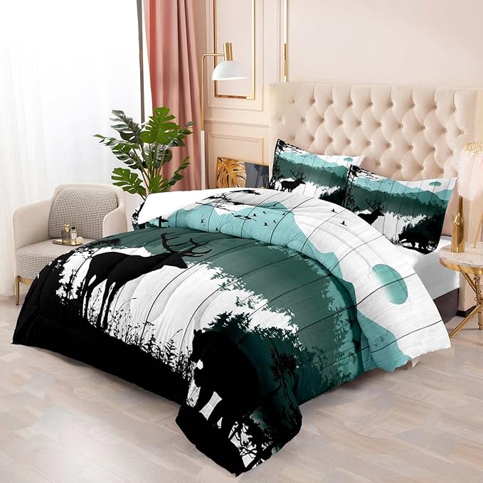 LUVIVIHOME 3PCS Black Bear Deer Comforter Set Full Size, Rustic Cabin Bedding, Teal Mountain Pine Tree Forest Animals Wildlife Hunting Lodge Quilt, Country Farmhouse Bedroom Decor, 2 Pillow Shams - LeafyLoom
