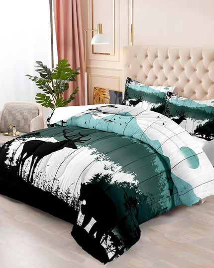 LUVIVIHOME 3PCS Black Bear Deer Comforter Set King Size, Rustic Cabin Bedding, Teal Mountain Pine Tree Forest Animals Wildlife Hunting Lodge Quilt, Country Farmhouse Bedroom Decor, 2 Pillow Shams - LeafyLoom