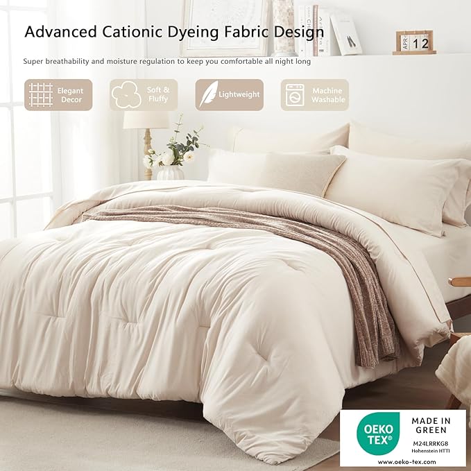 UNILIBRA King Comforter Set 7 Pieces - Beige Bed in a Bag King Size Soft for All Seasons - Cationic Dyeing Bedding Comforter Sets with Comforter, Flat Sheet, Fitted Sheet, Pillowcases & Shams - LeafyLoom