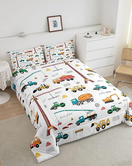 Feelyou Heavy Machinery Truck Bedding Set Tractor Crane Comforter Set for Kids Boys Girls Youth Construction Site Comforter Nursery Decor Quilt Set Room 3Pcs Queen Size - LeafyLoom